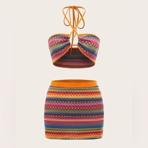 SHEIN Vibrant Geo Print Halter Crop Top & Skirt Set Vacation